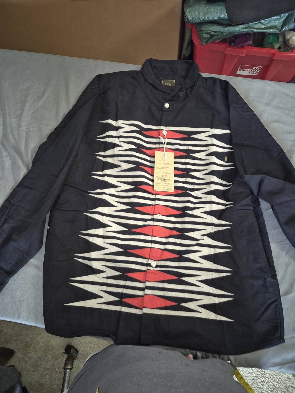 Men's Black Lightweight Button-Up Shirt Jacket with White & Red Graphic Stripe
